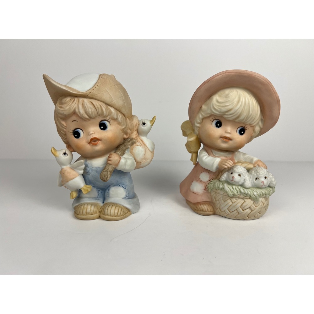 Vintage Homco Boy & Girl Figurines 1418 with Lamb Sheep Ducks‎